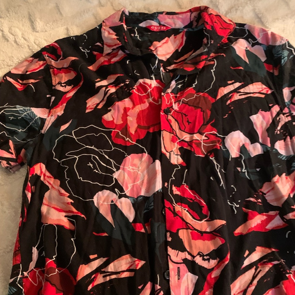 Guess Black Blouse with Red and Pink Floral Design